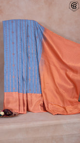 Blue & Peachy Orange Bridal Kanchipuram Silk Saree
